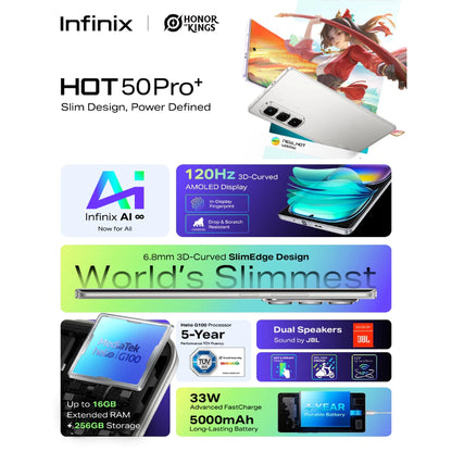 Infinix HOT 50 Pro+, (up to 16GB [8GB + 256GB], Helio G100, 120hz AMOLED, (1 year local warranty)