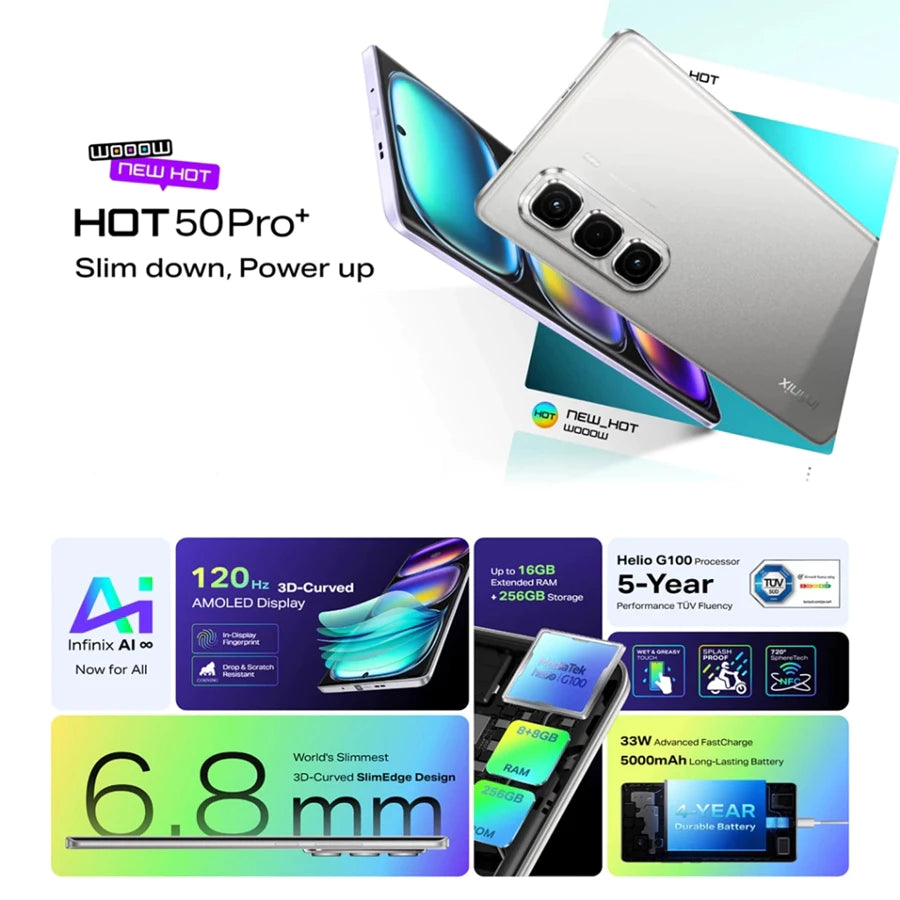 Infinix HOT 50 Pro+, (up to 16GB [8GB + 256GB], Helio G100, 120hz AMOLED, (1 year local warranty)