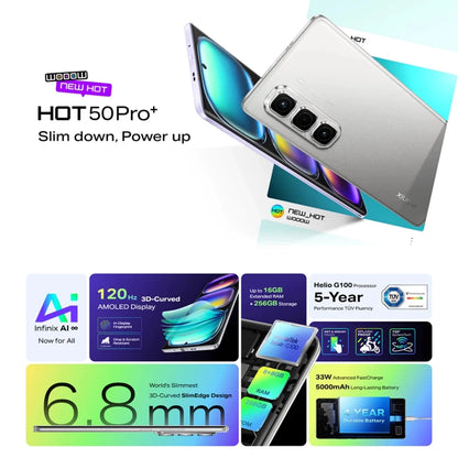 Infinix HOT 50 Pro+, (up to 16GB [8GB + 256GB], Helio G100, 120hz AMOLED, (1 year local warranty)